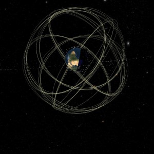 Blick auf die Erde mit den Umlaufbahnen einiger Satelliten